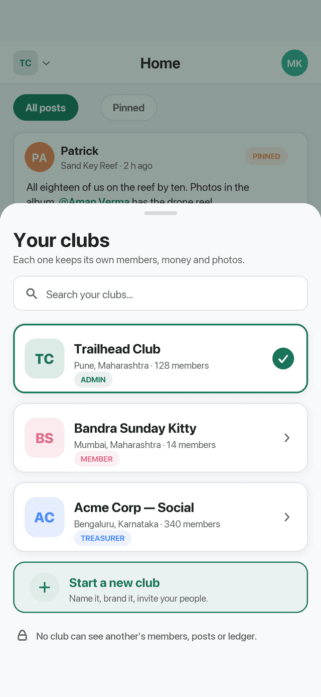 The club picker, opened over the feed, listing three clubs with the current one ticked and a Start a new club row beneath.
