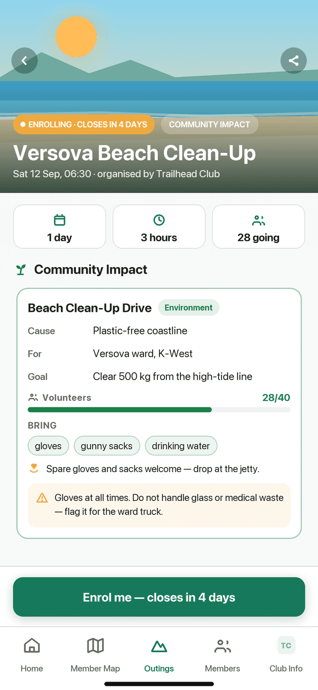 A beach clean-up planned as an outing, showing cause, beneficiary, volunteers wanted and what to bring.