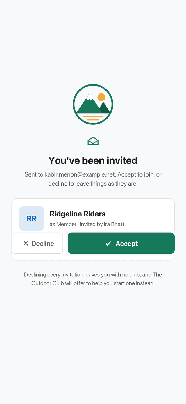 The invitation gate inside the app, showing the club, the role offered and Accept and Decline buttons.