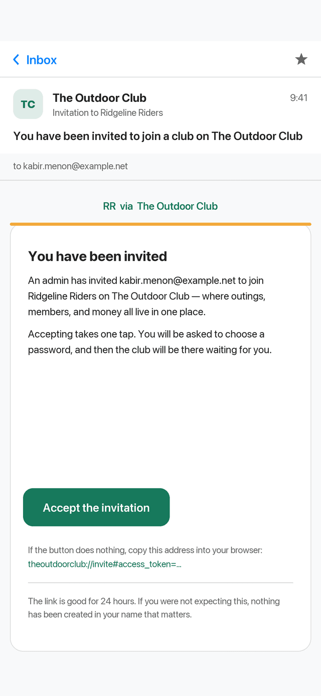 The invitation email, naming the club and carrying an Accept the invitation button.