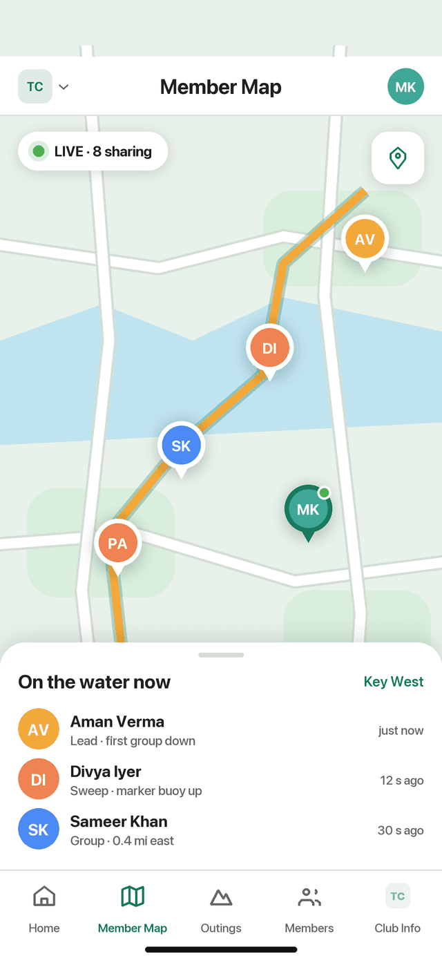 The member map during an outing, with member pins on a route and a sheet listing who is where.