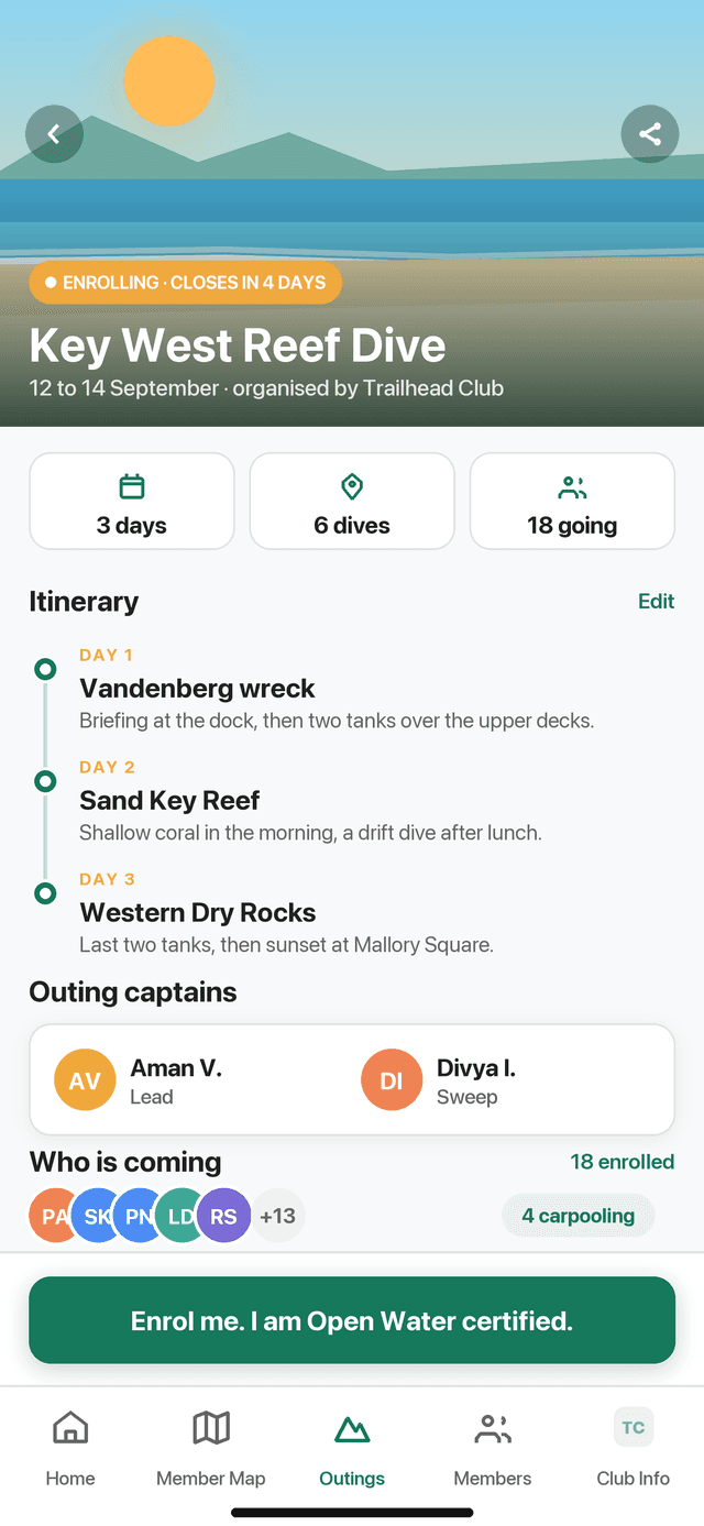 An outing's own screen: hero, itinerary, captains, roster and the enrol button.