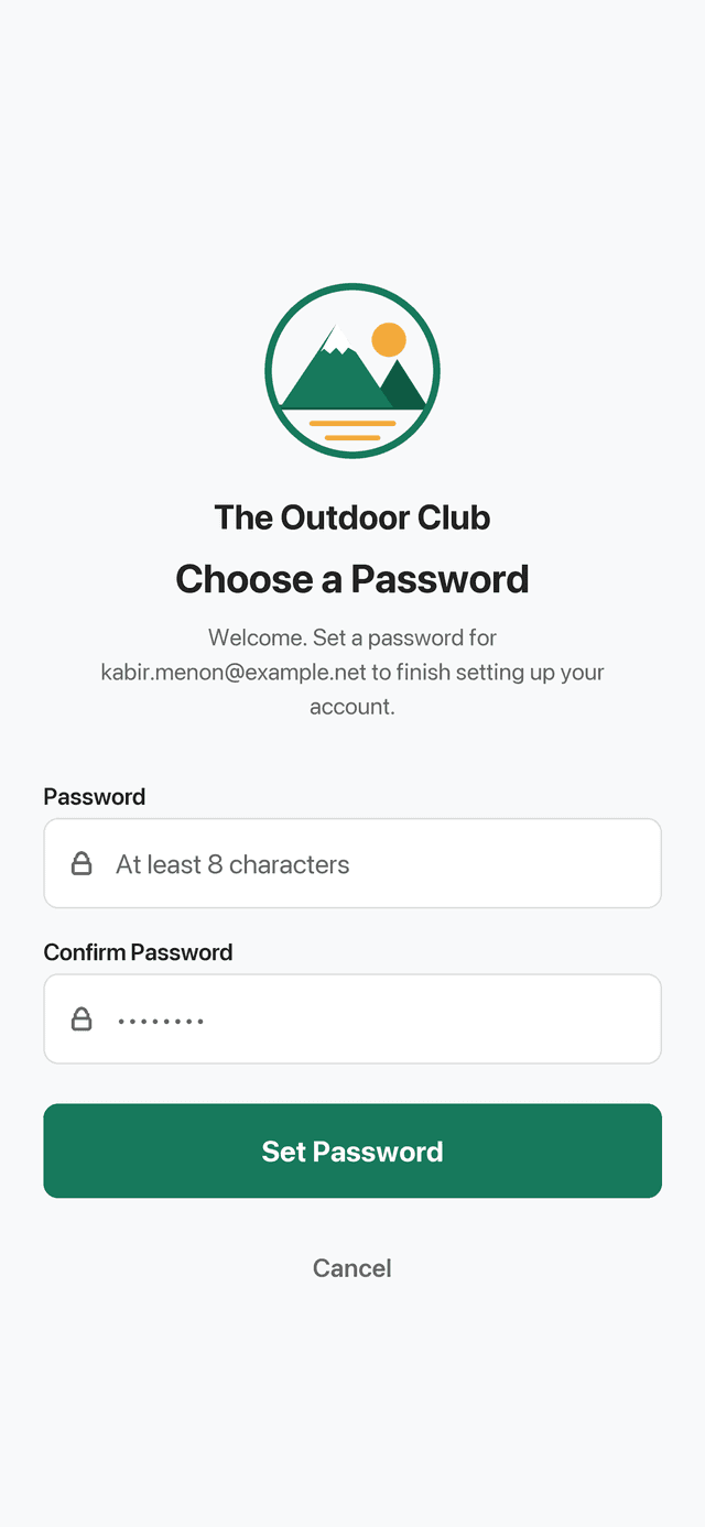 The Choose a Password screen, with password and confirmation fields.